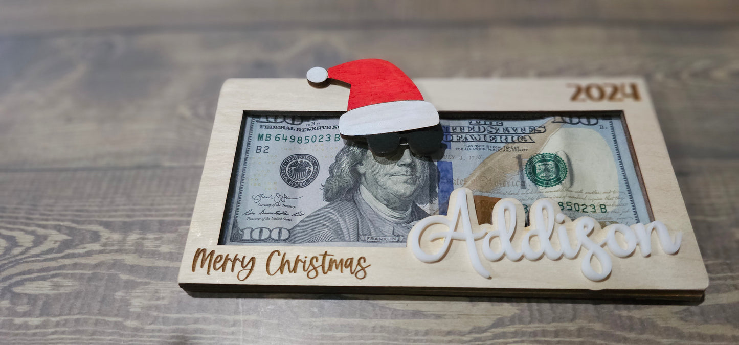 Personalized Wood & Acrylic Christmas Money Cash Envelope Holders with Santa and Elves. Cool Santa, Black Santa Claus, Sunglasses, or Elf