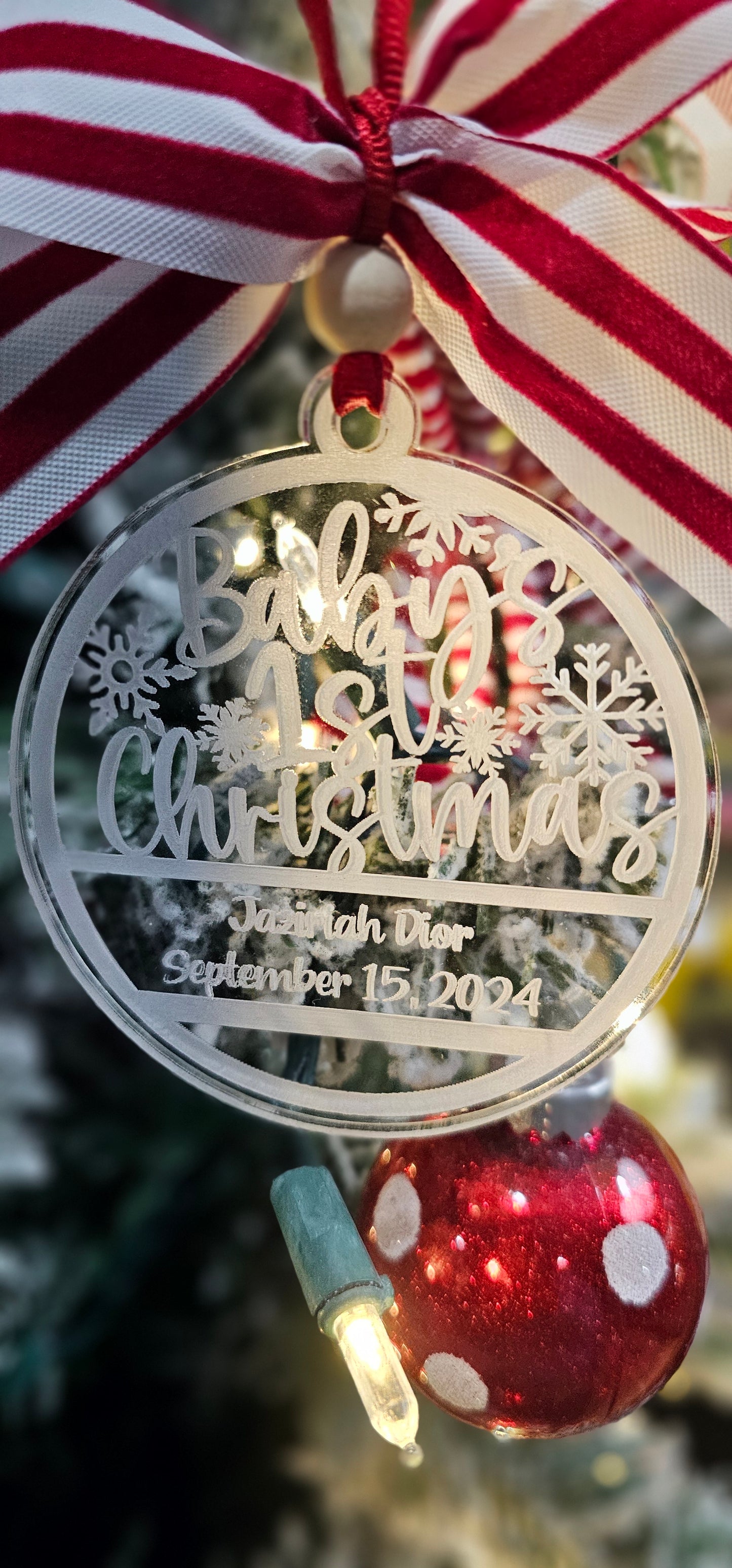 Round Clear Acrylic baby's first Christmas name and date Ornament