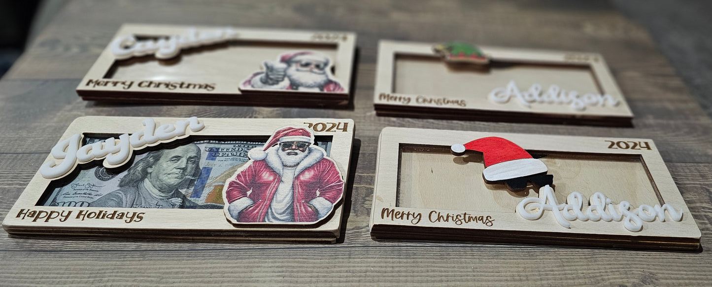 Personalized Wood & Acrylic Christmas Money Cash Envelope Holders with Santa and Elves. Cool Santa, Black Santa Claus, Sunglasses, or Elf