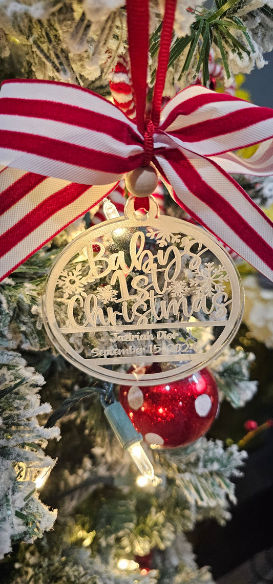 Round Clear Acrylic baby's first Christmas name and date Ornament