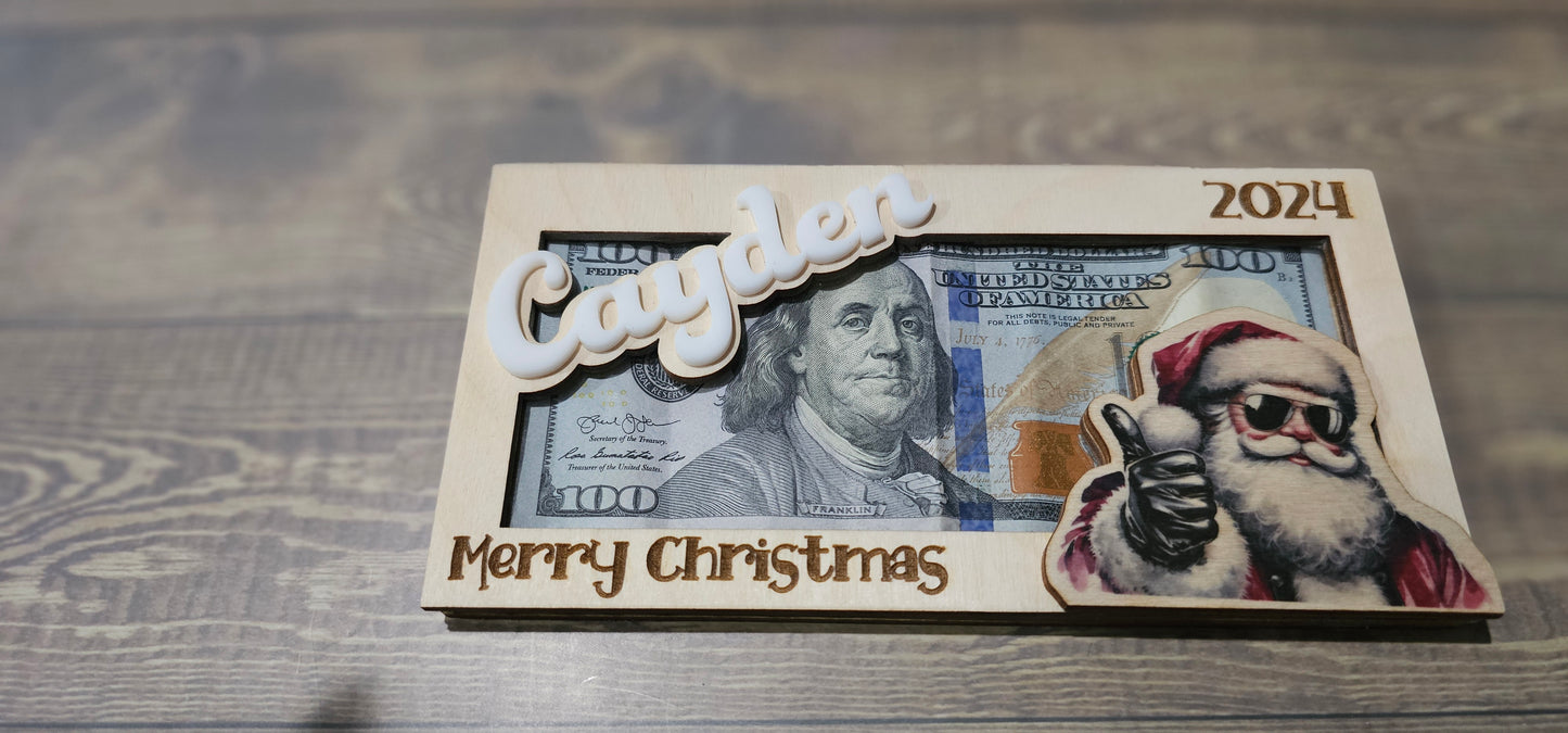 Personalized Wood & Acrylic Christmas Money Cash Envelope Holders with Santa and Elves. Cool Santa, Black Santa Claus, Sunglasses, or Elf