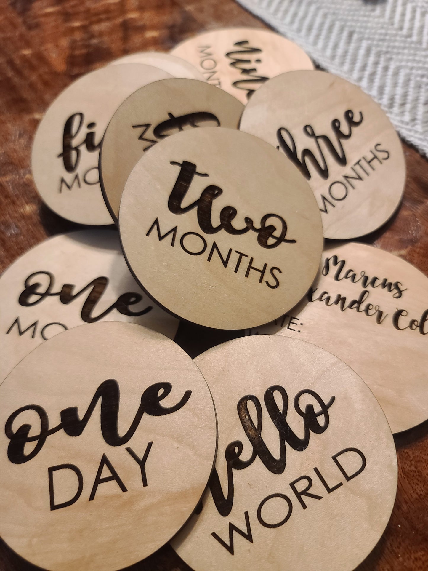 Engraved Round Wood Baby Milestone Cards Unisex