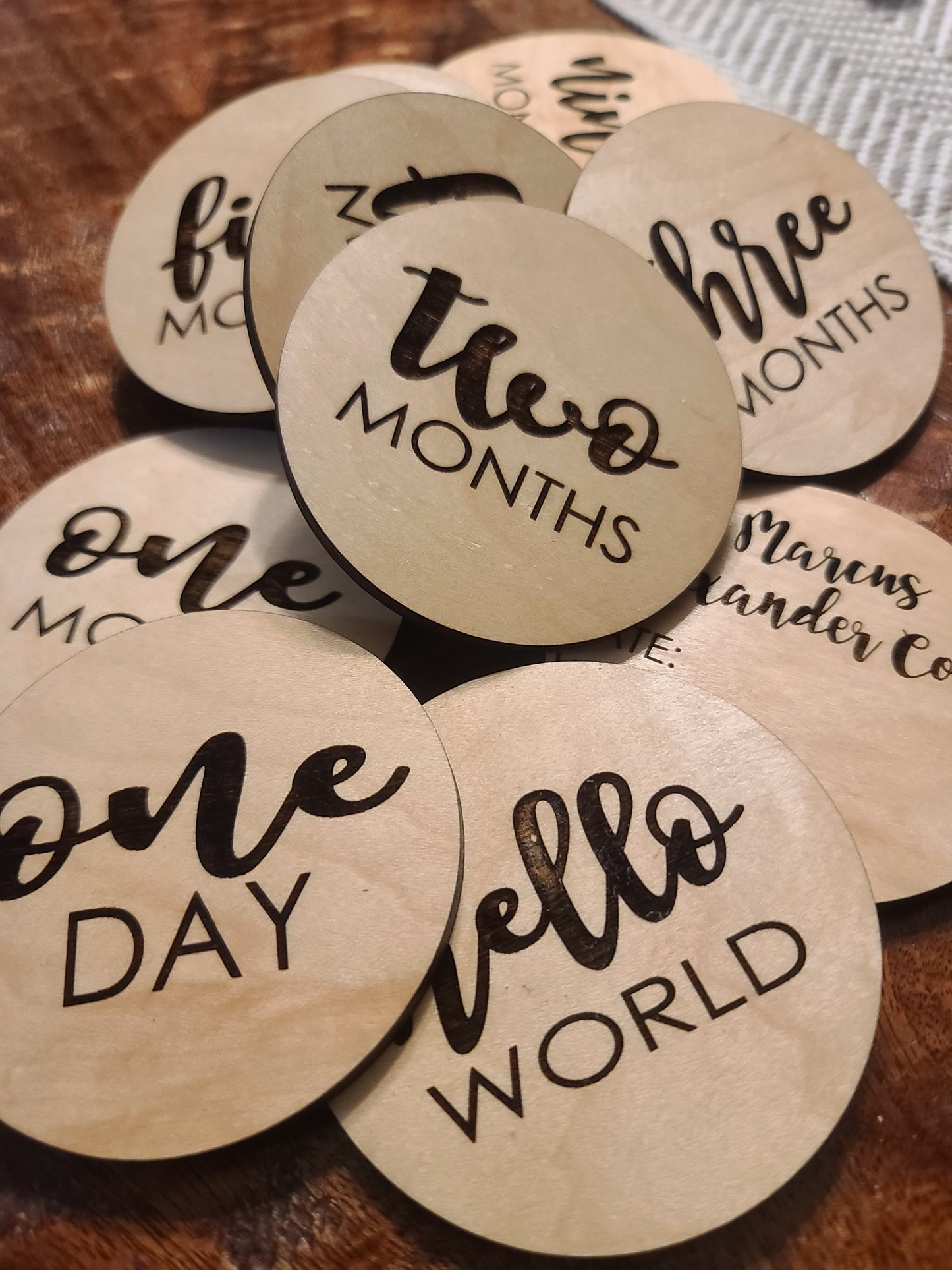 Engraved Round Wood Baby Milestone Cards Unisex