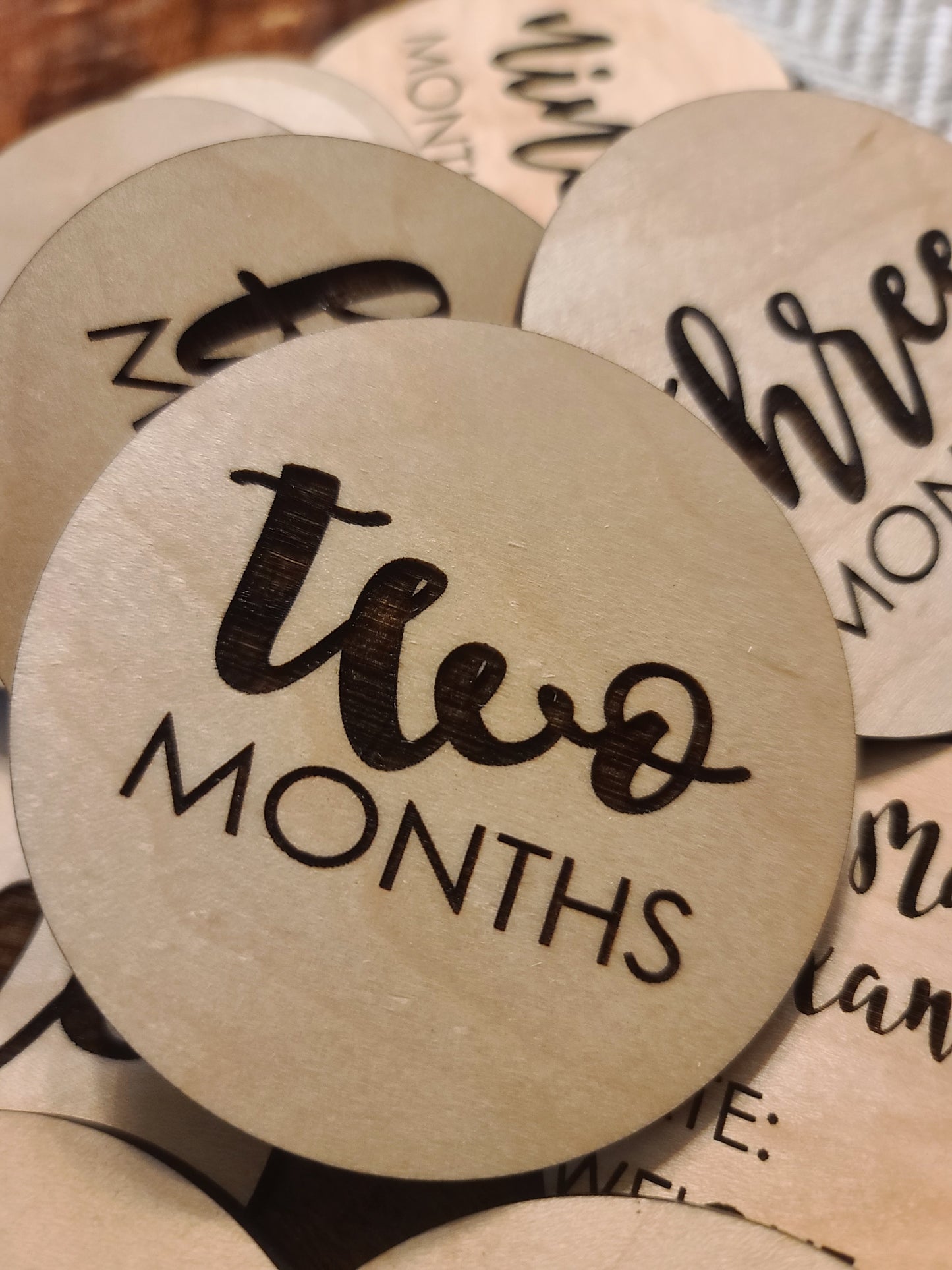 Engraved Round Wood Baby Milestone Cards Unisex