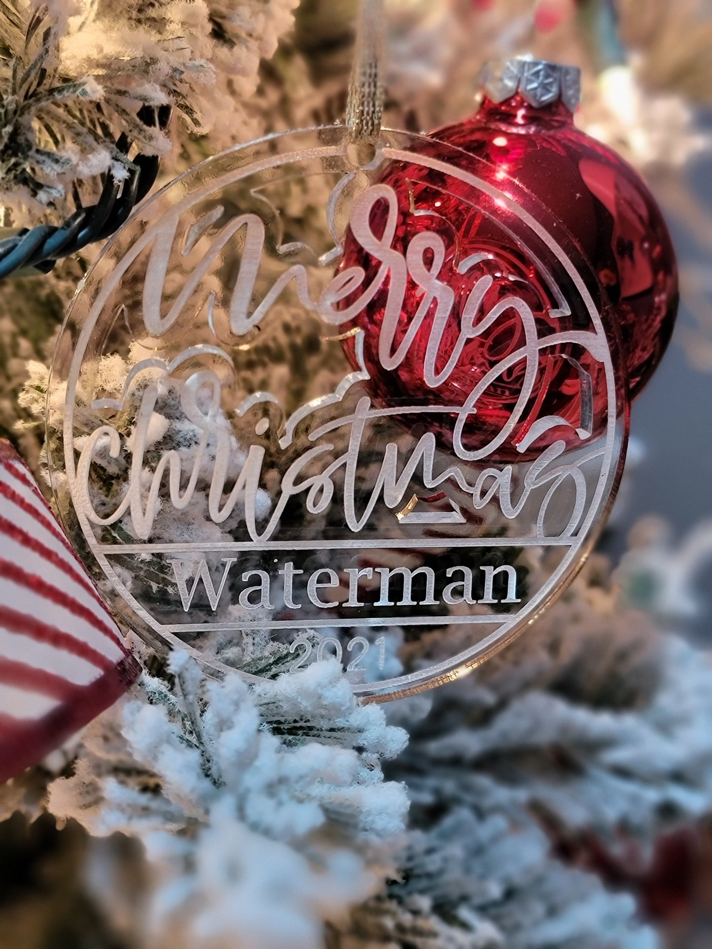 Round Clear Acrylic Merry Christmas family name and date Ornament